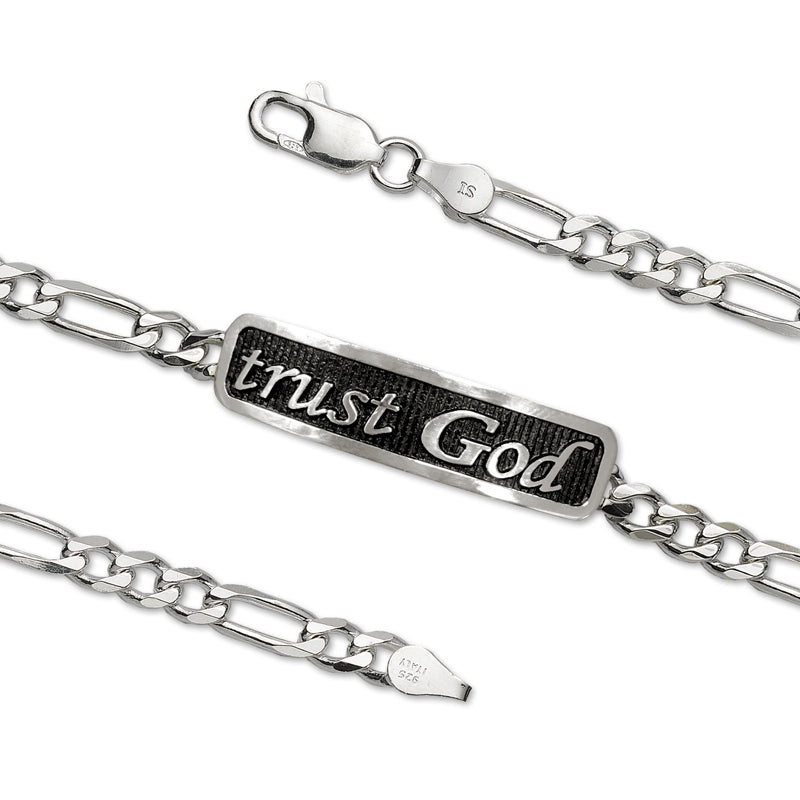 Trust God Italic Embossed Inspirational Figaro Link ID Bracelet Sterling Silver