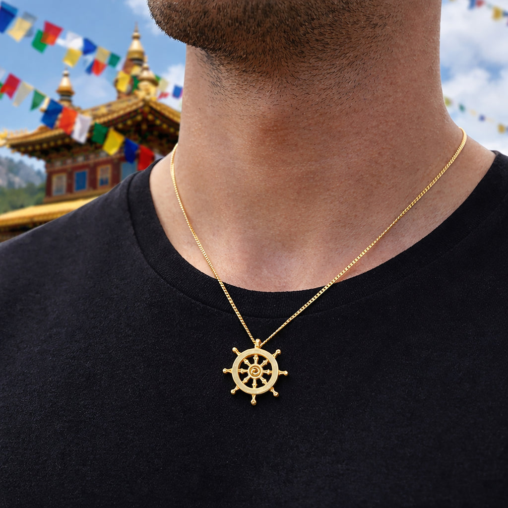 Dharma Wheel Necklace – Sterling Silver & Gold over Silver Buddhist Pendant