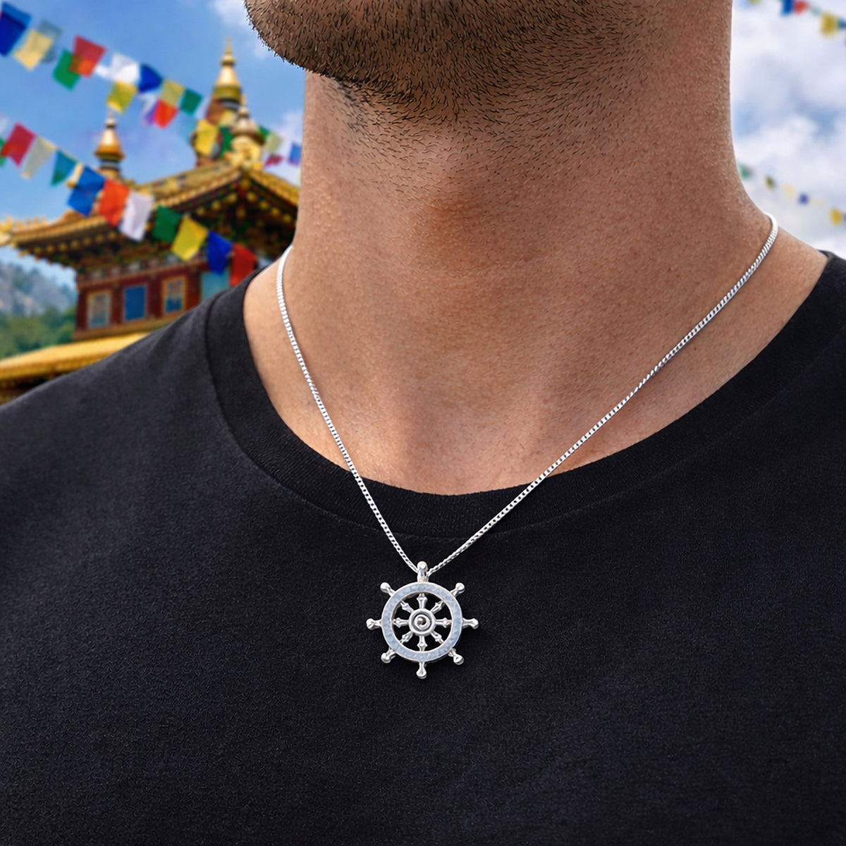 Dharma Wheel Necklace – Sterling Silver & Gold over Silver Buddhist Pendant