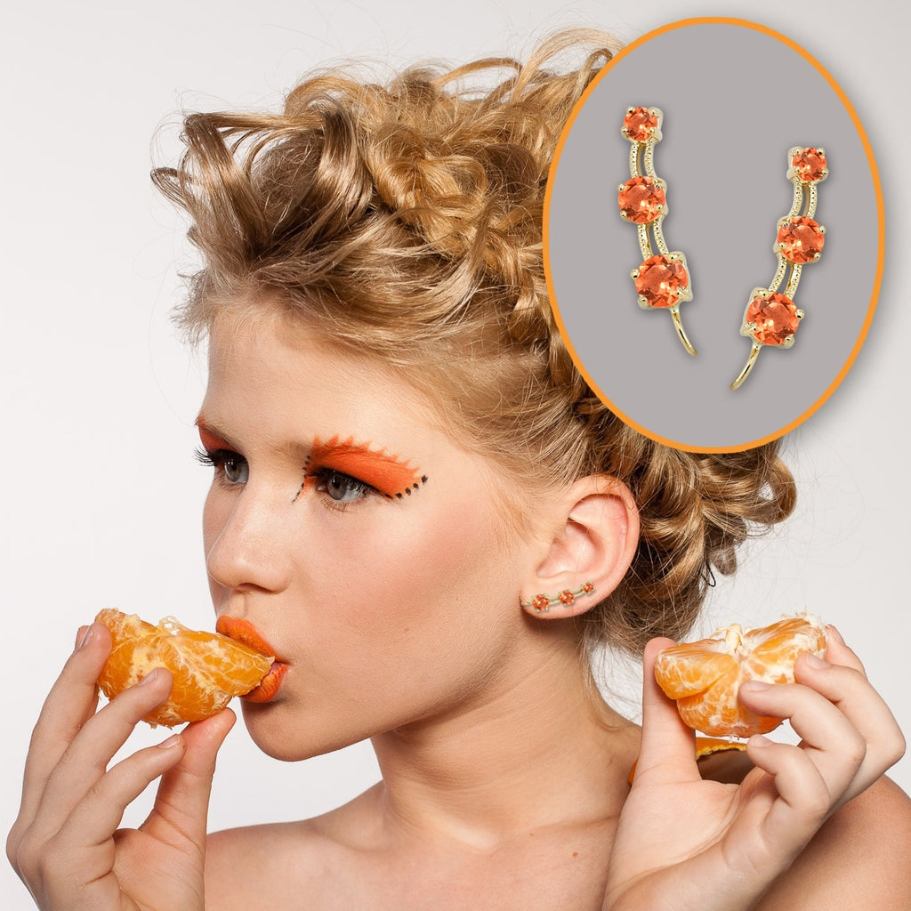 Ear Pin Ear Climber Earrings 3-in-1 Orange Cubic Zirconias Gold Over Silver