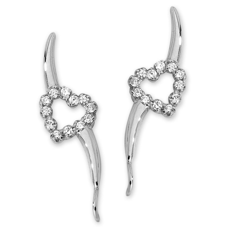 Ear Climbers Cubic Zirconias Heart Ear Pin Earrings Sterling Silver