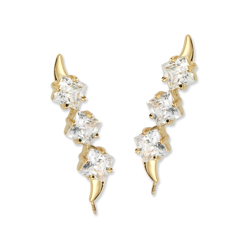 Ear Climbers Triple Princess Cut Cubic Zirconias Ear Pin Earrings 18k Gold Over Silver