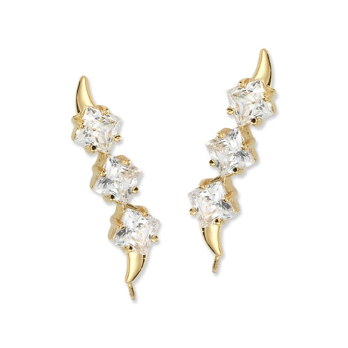 Ear Climbers Triple Princess Cut Cubic Zirconias Ear Pin Earrings 18k Gold Over Silver