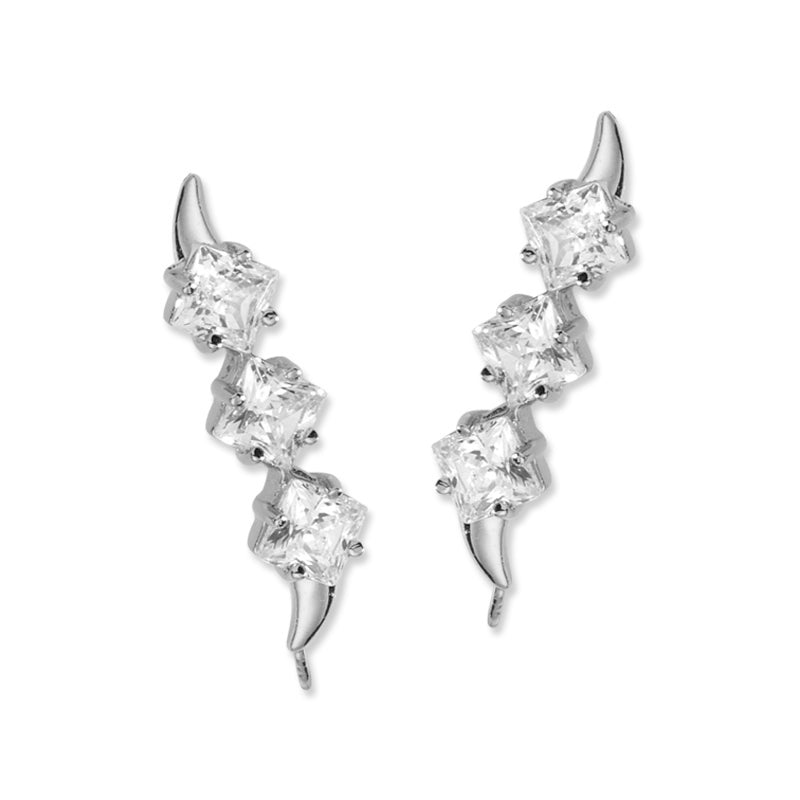 Ear Climbers Triple Princess Cut Cubic Zirconias Ear Pin Earrings Sterling Silver