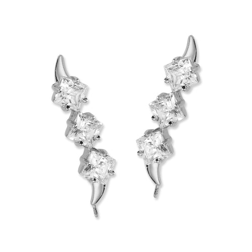 Ear Climbers Triple Princess Cut Cubic Zirconias Ear Pin Earrings Sterling Silver