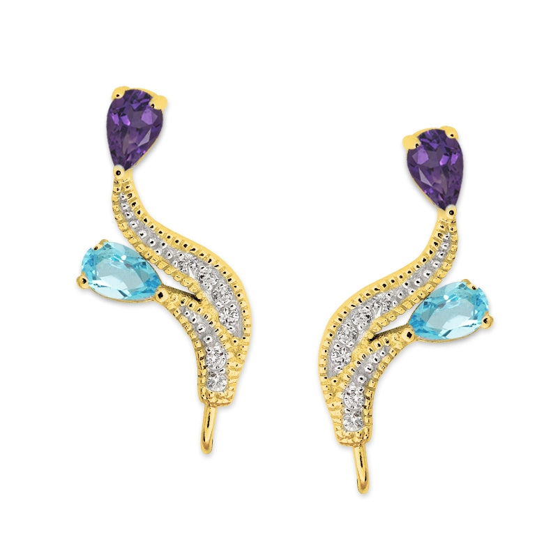 Ear Climbers Double Amethyst & Blue Topaz Pearshapes Ear Pin Earrings Gold Over Silver