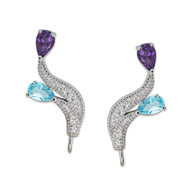 Ear Climbers Double Amethyst & Blue Topaz Pearshapes Ear Pin Earrings Sterling Silver