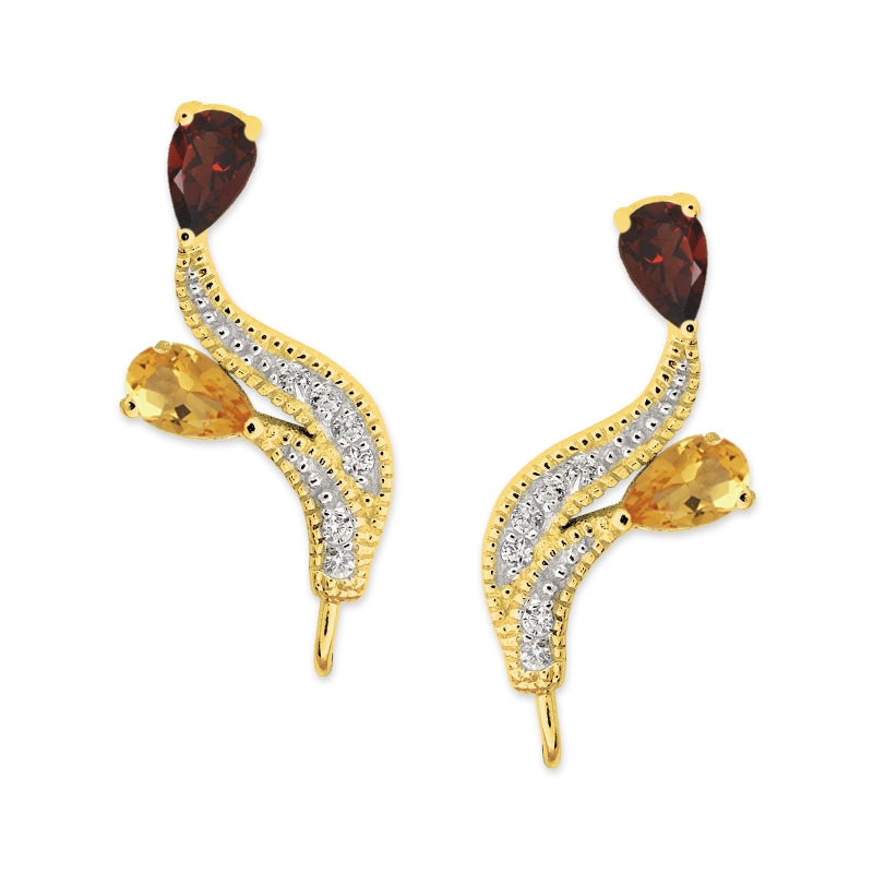 Ear Climbers Double Garnet & Citrine Pearshapes Ear Pin Earrings Gold Over Silver