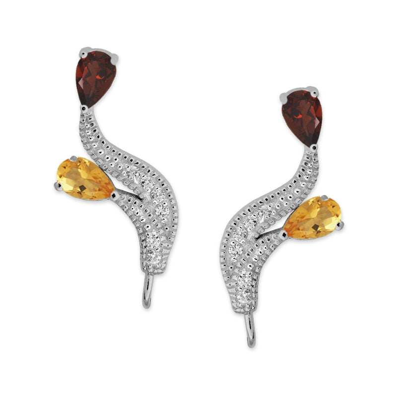 Ear Climbers Double Garnet & Citrine Pearshapes Ear Pin Earrings Sterling Silver