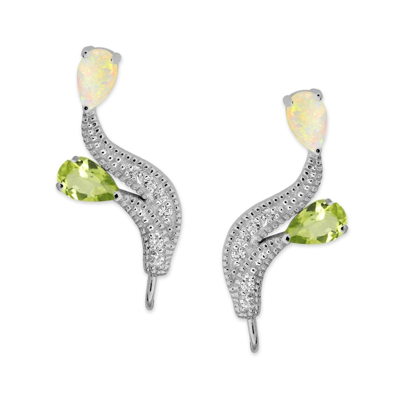 Ear Climbers Double Opal & Peridot Topaz Pearshapes Ear Pin Earrings Sterling Silver