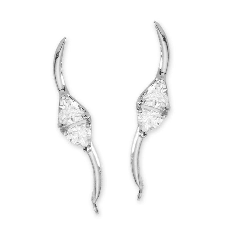 Ear Climbers Trillion Cut Cubic Zirconias Center Ear Pin Earrings Sterling Silver