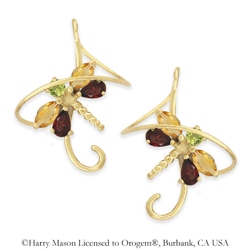 Dragonfly Earspirals spiral threader earrings with Peridot Garnet and Citrine gemstones in 18k gold over brass