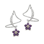 Earspirals Spiral Threader Earrings – CZ Accents on Half Moon Motif with Genuine Amethyst Cluster Stones Dangling on Rhodium Over Brass Product Shot