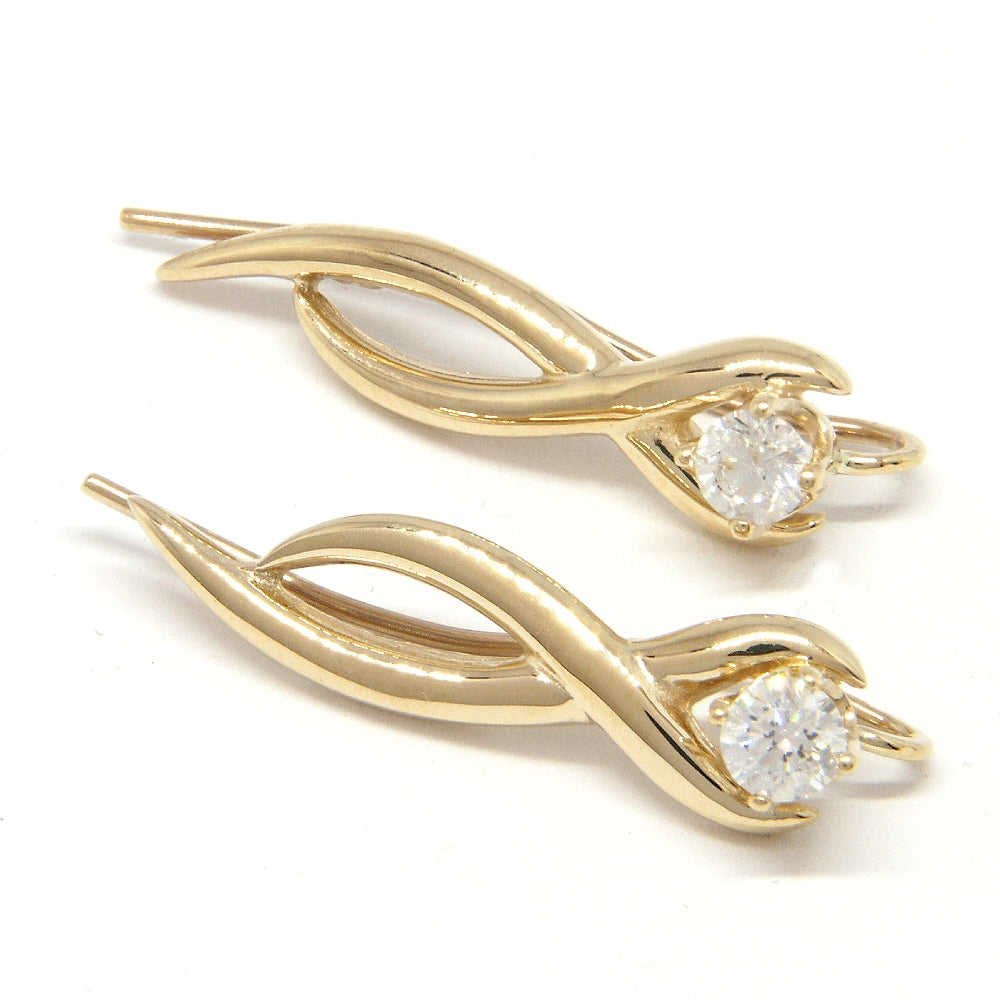 Ear Pin Ear Climber Earrings 1/2 Carat Diamonds Crossver Swirls 14k Yellow Gold