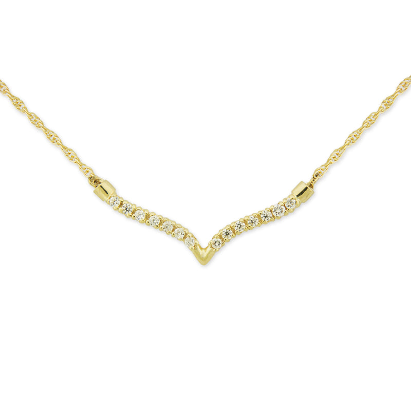 14k Yellow Gold Cubic Zirconia V Shape 18 Inch Necklace Pendant 