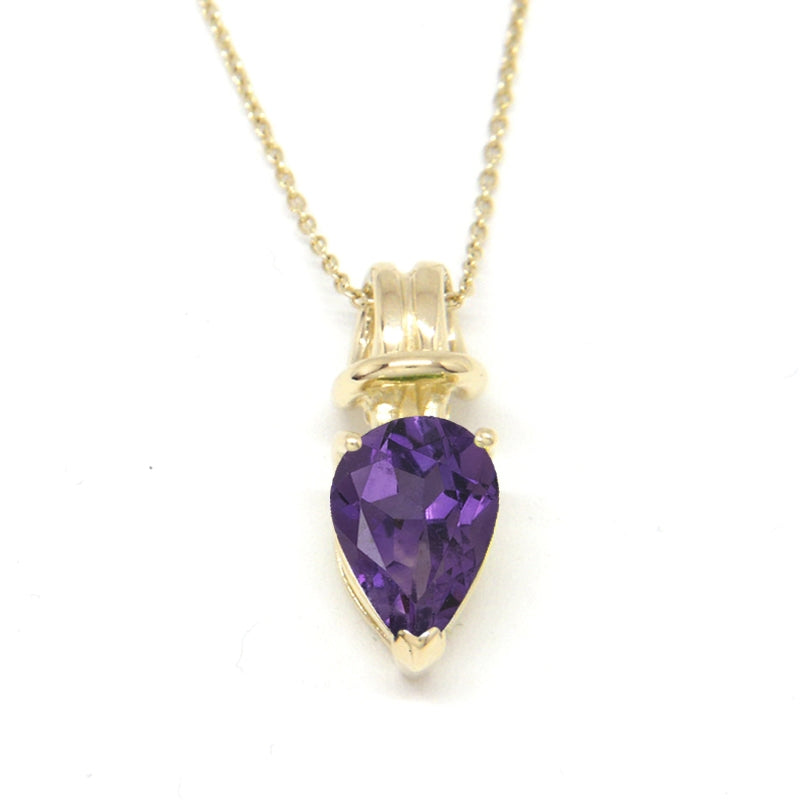 Genuine Amethyst Pearshape Love Knot Pendant on Rolo Link Chain 14k Yellow Gold