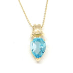 Genuine Blue Topaz Pearshape Love Knot Pendant on Rolo Link Chain 14k Yellow Gold