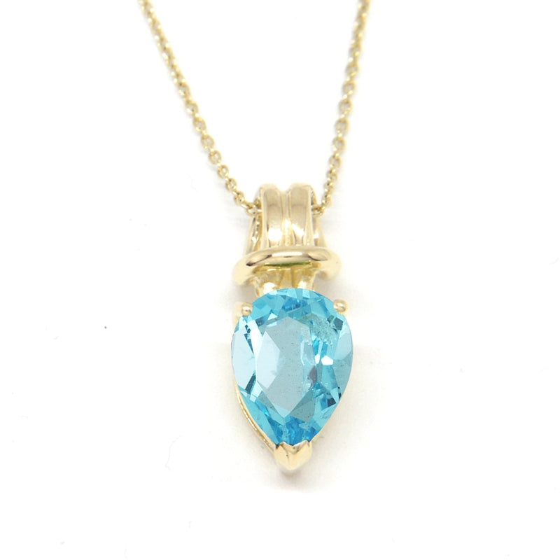 Genuine Blue Topaz Pearshape Love Knot Pendant on Rolo Link Chain 14k Yellow Gold
