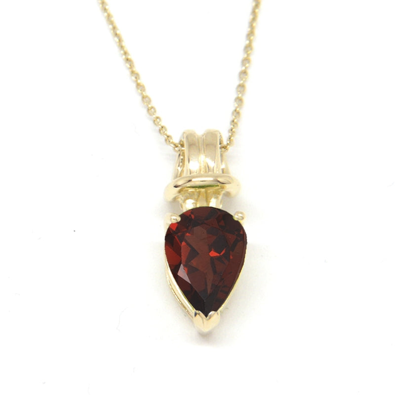 Genuine Garnet Pearshape Love Knot Pendant on Rolo Link Chain 14k Yellow Gold