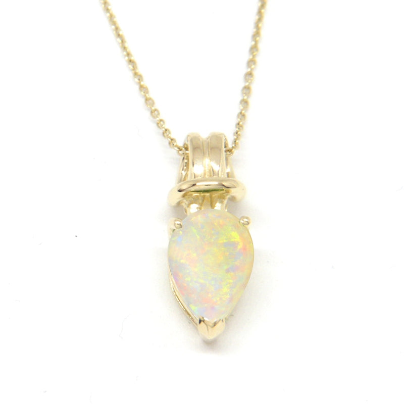 Genuine Opal Pearshape Love Knot Pendant on Rolo Link Chain 14k Yellow Gold