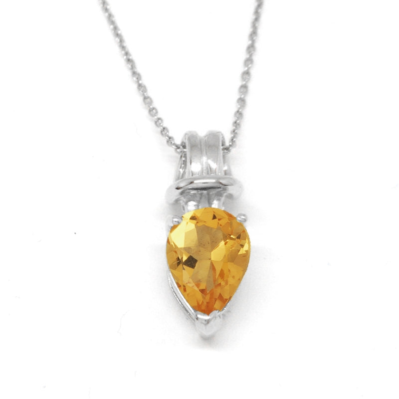 Genuine Citrine Pearshape Love Knot Pendant on Rolo Link Chain 14k White Gold