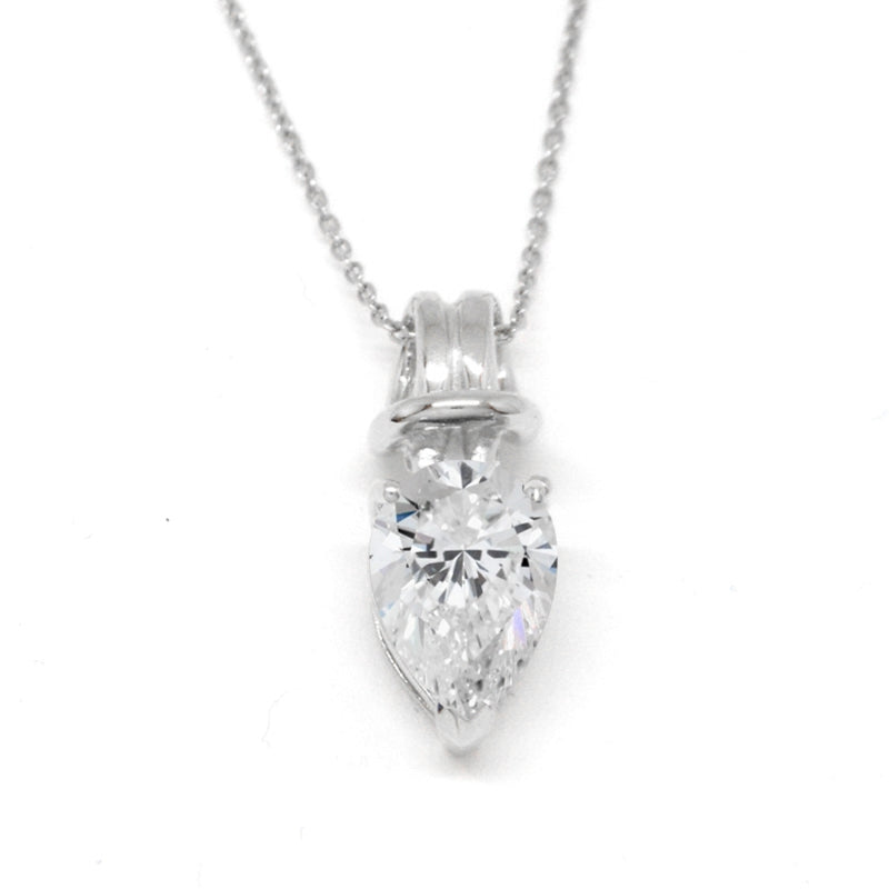 Cubic Zirconia Pearshape Love Knot Pendant on Rolo Link Chain 14k White Gold