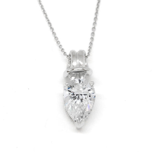 Cubic Zirconia Pearshape Love Knot Pendant on Rolo Link Chain 14k White Gold