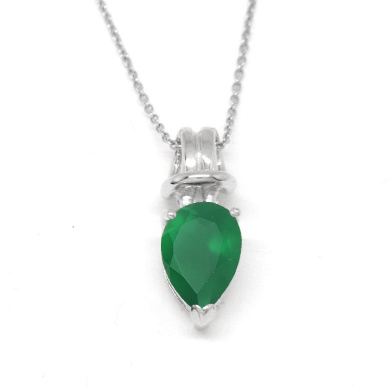 Genuine Green Onyx Pearshape Love Knot Pendant on Rolo Link Chain 14k White Gold