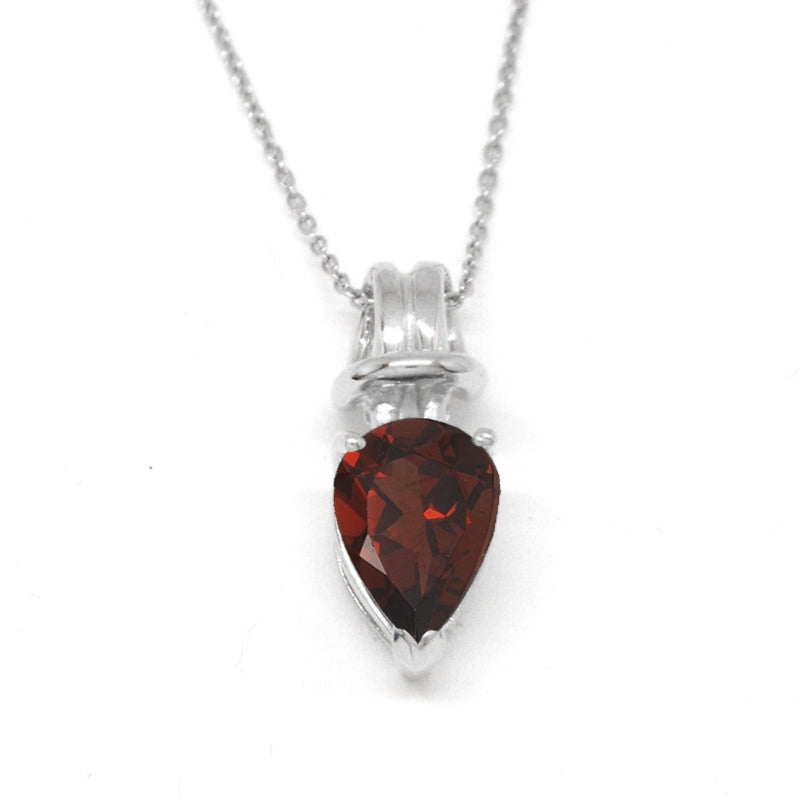 Genuine Garnet Pearshape Love Knot Pendant on Rolo Link Chain 14k White Gold
