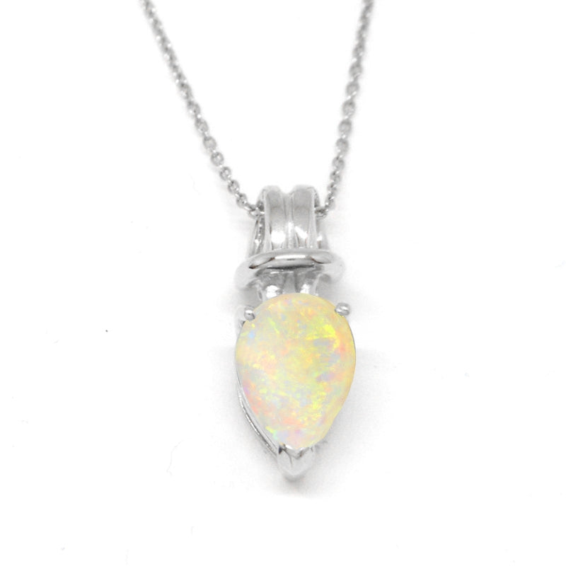 Genuine Opal Pearshape Love Knot Pendant on Rolo Link Chain 14k White Gold