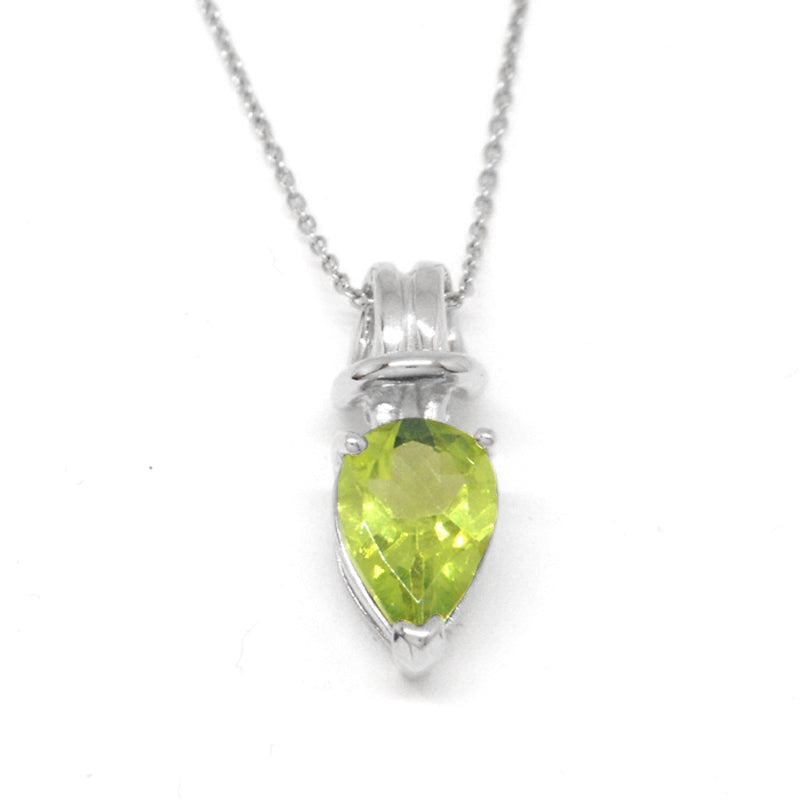 Genuine Peridot Topaz Pearshape Love Knot Pendant on Rolo Link Chain 14k White Gold