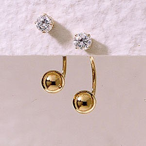 Front to Back Earrings - 14k Gold Large Bead & Cubic Zirconia Stud Cioro