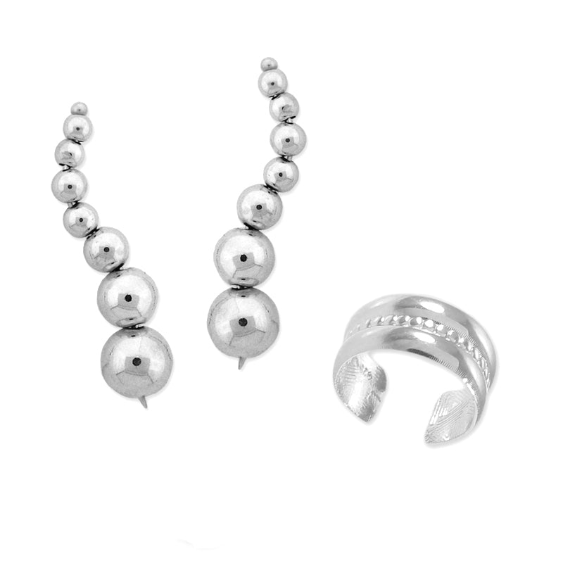 Polished Silver Ear Pin Earrings with Heart Earcuff Earring