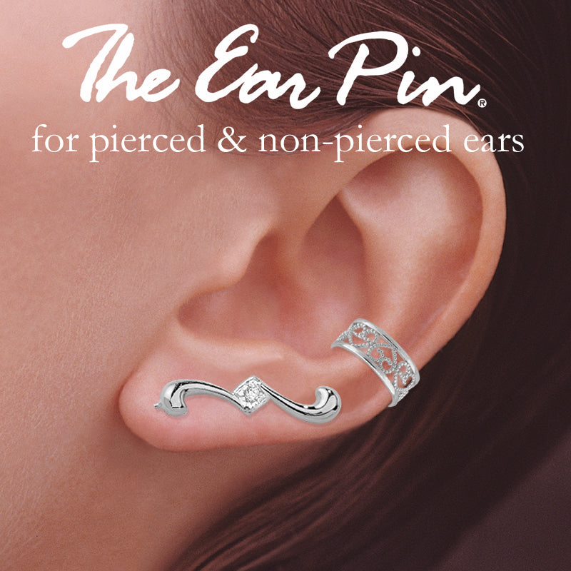 Diamond Ear Climber Earrings - Accent Swirl Filigree Heart Ear Cuff Set - Ear Pin - 14k White Gold