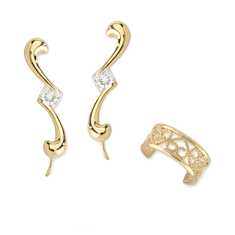 Polished Silver Ear Pin Earrings with Heart Earcuff Earring