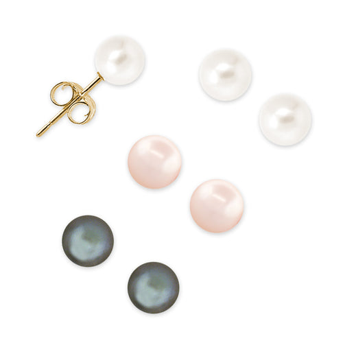 14k Gold White-Pink-Grey Freshwater Cultured Pearls Triple Set Stud Earrings