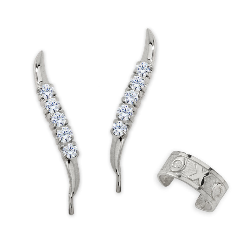 Sterling Silver Classic Swirl Cubic Zirconia Ear Pin Earrings with Hugs-n-Kisses X-O-X-O Ear Cuff
