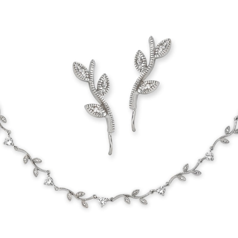 Vintage CZ Silver Ear Pin Earrings with Matching Necklace
