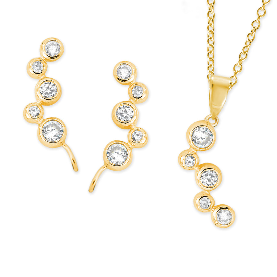 Gold Over Silver Bubble CZ Ear Pin Earrings with Matching Pendant Necklace