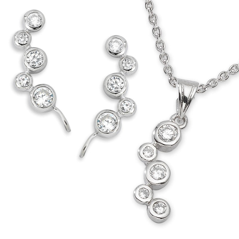 Bubble CZ Silver Ear Pin Earrings with Matching Pendant Necklace