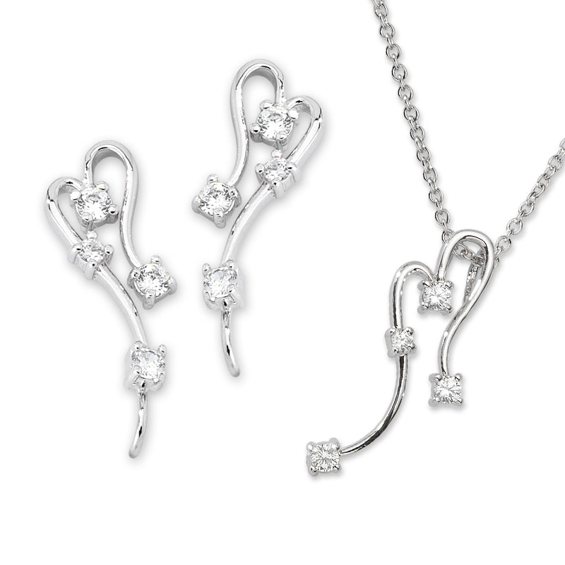 Heart CZ Silver Ear Pin Earrings with Matching Pendant Necklace