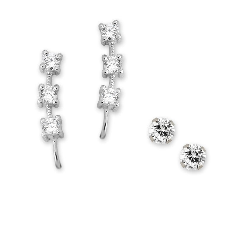 3-in-1 CZ Silver Earpin Earrings with CZ Stud Earring