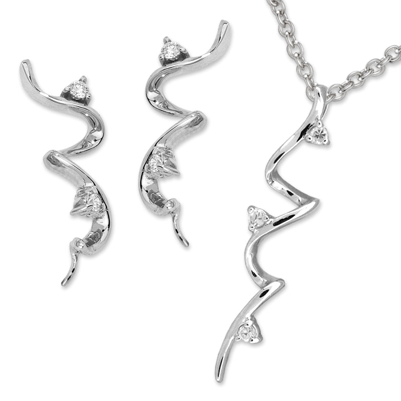 Silver CZ Corkscrew Ear Pin Earrings with Matching Pendant Necklace