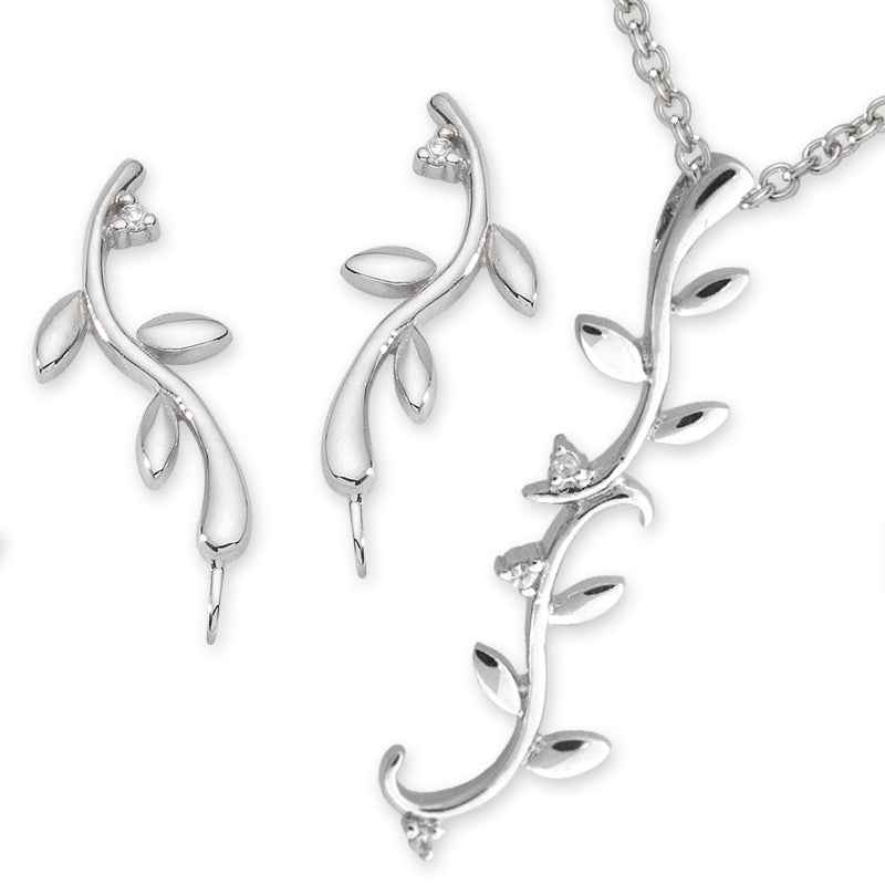 Silver Vine CZ Silver Ear Pin Earrings with Matching Pendant Necklace