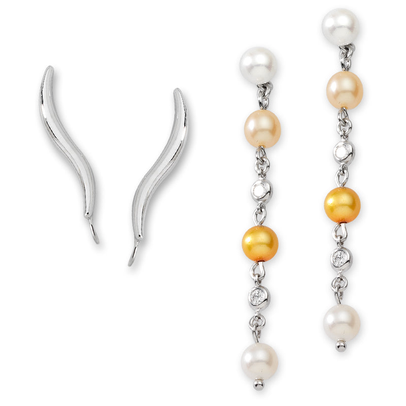Cubic Zirconia Ear Climber Earrings - Classic Pearl Cubic Zirconia Interchangeable Enhancers - Ear Pin - Silver