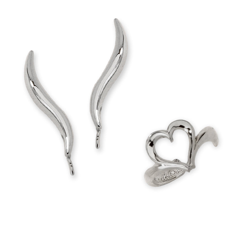 Polished Silver Ear Pin Earrings with Heart Earcuff Earring