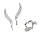 Polished Silver Ear Pin Earrings with Heart Earcuff Earring