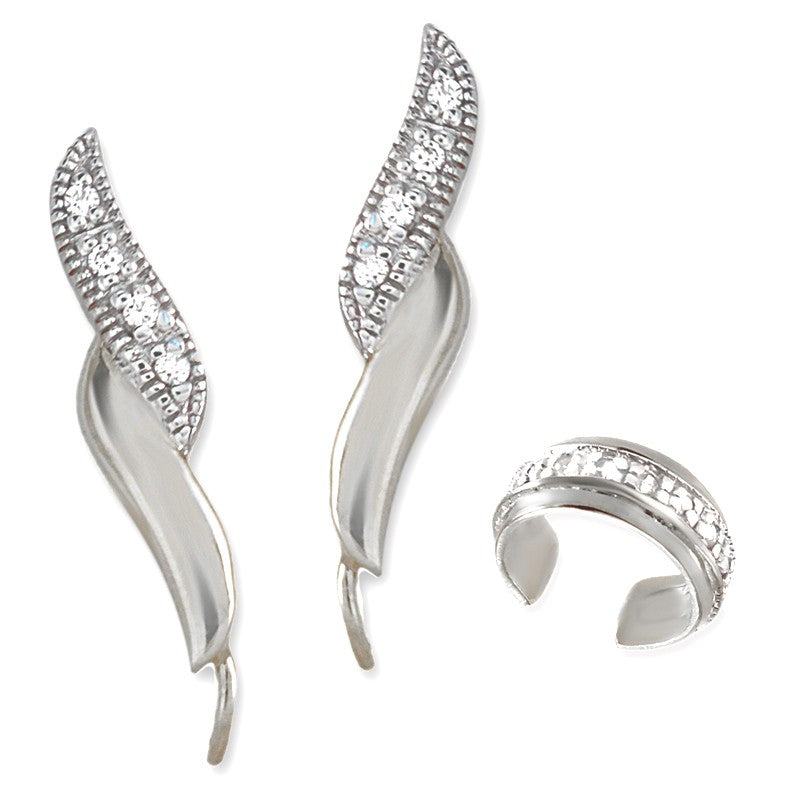 Pave CZ Silver Ear Pin Earrings with Pave CZ Earcuff 