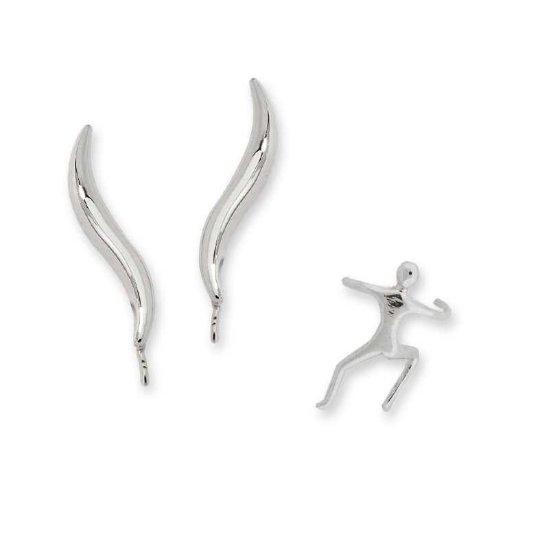 Silver Classic Ear Pin Earrings with Single Human Earcuff Earring