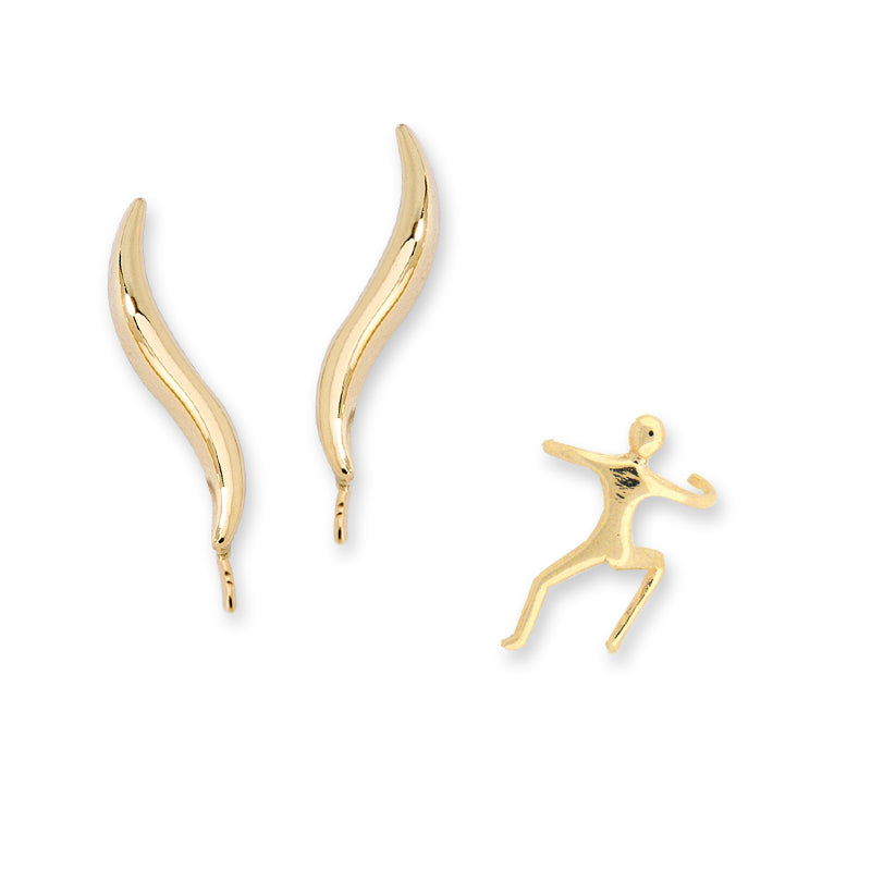 18k Gold Over Silver Classic Ear Pin Earrings with Single Human Earcuff Earring